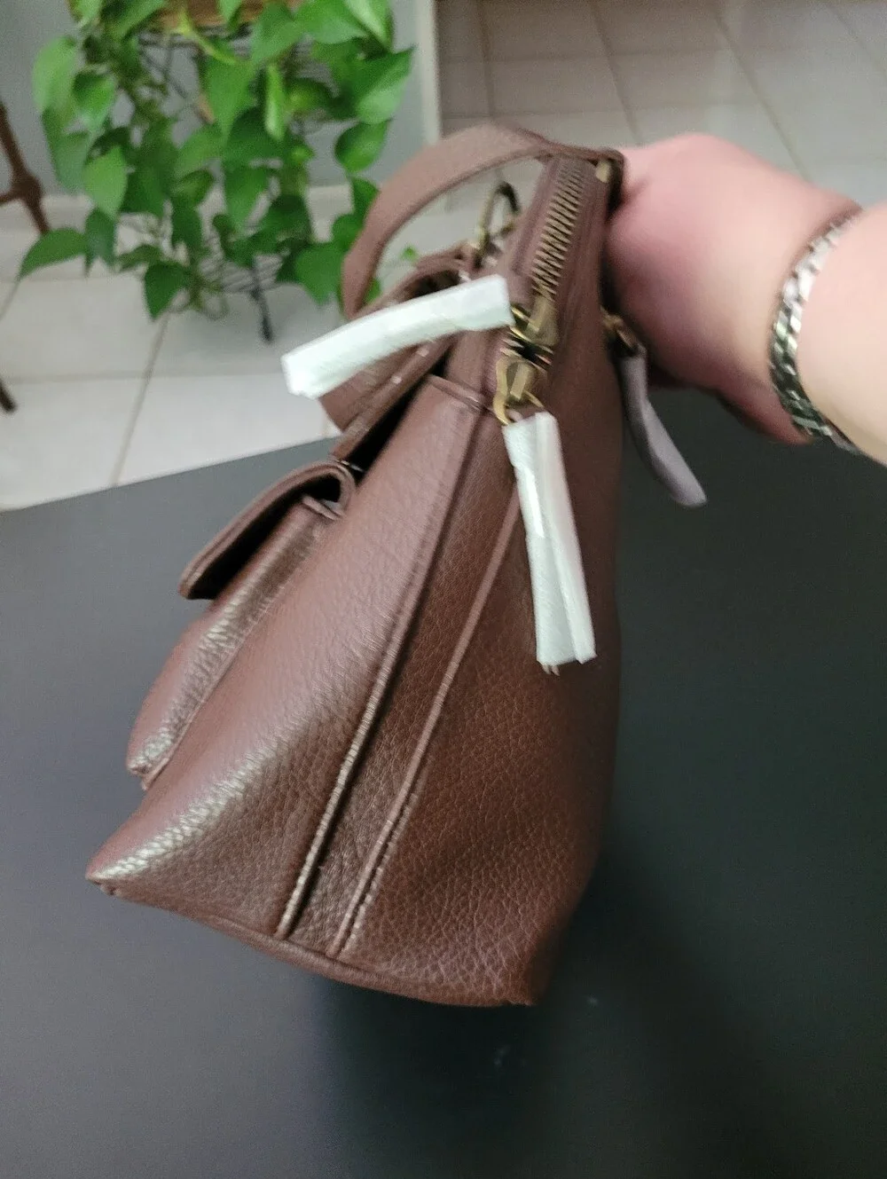 White Mountain Chocolate Brown Pebbled Leather Satchel Handbag